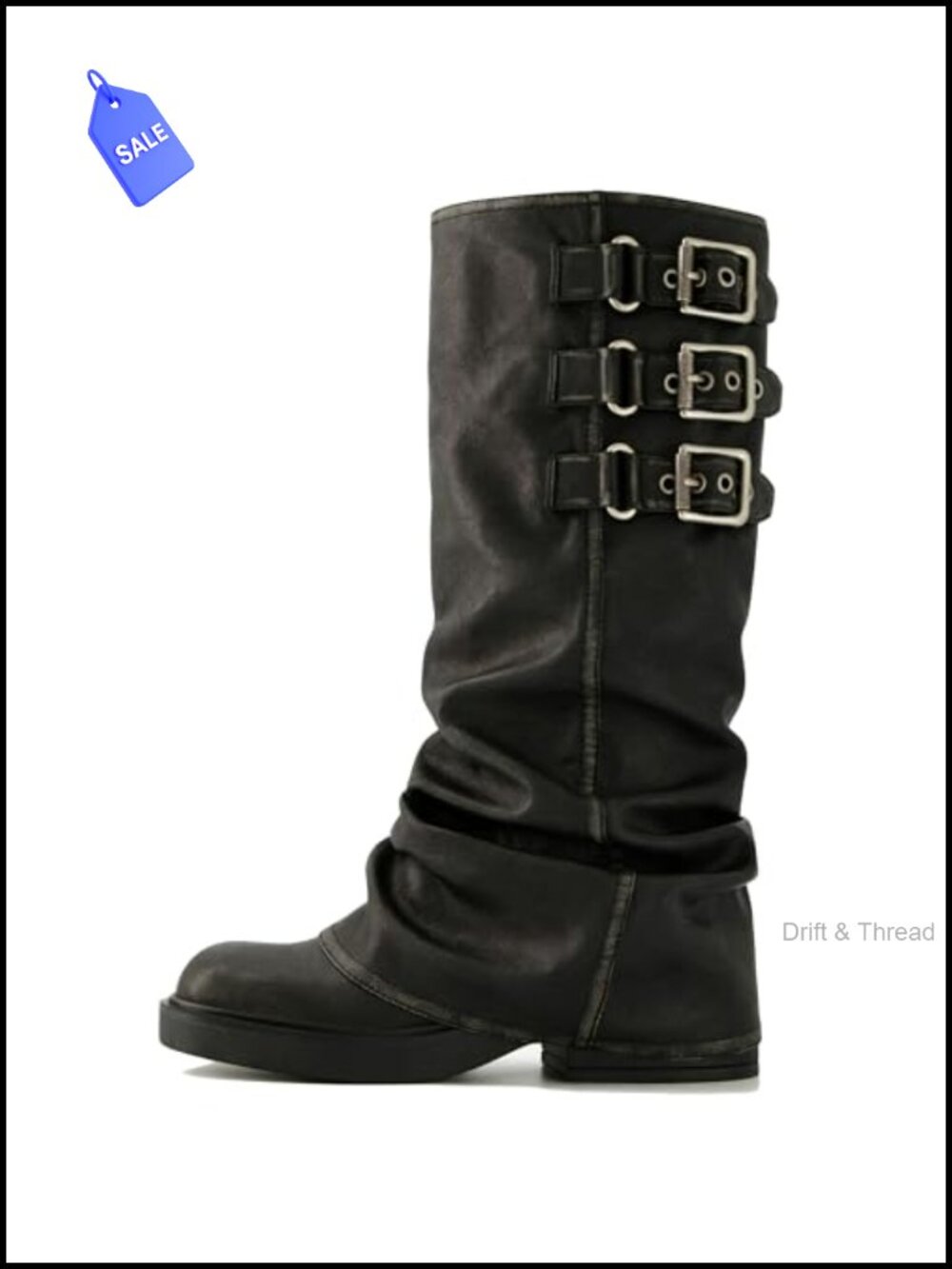 Knee High Slouch Platform Boots Chunky Heel Buckle Strap